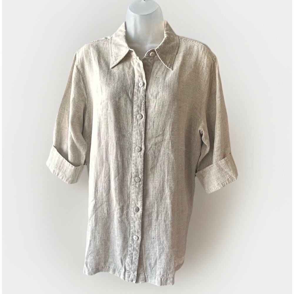 Chico’s 100% Linen No Iron Linen Button Up Tunic Top Women's Size 2.5 Beige